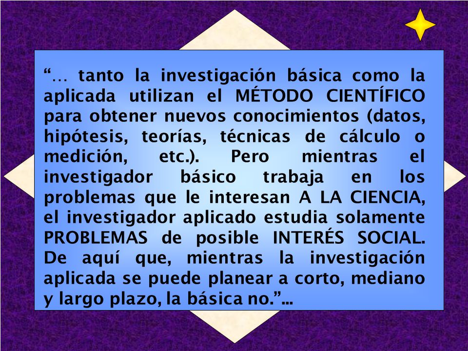… tanto la investigación básica como la aplicada utilizan el MÉTODO CIENTÍFICO para obtener nuevos conocimientos (datos, hipótesis, teorías, técnicas de cálculo o medición, etc.).