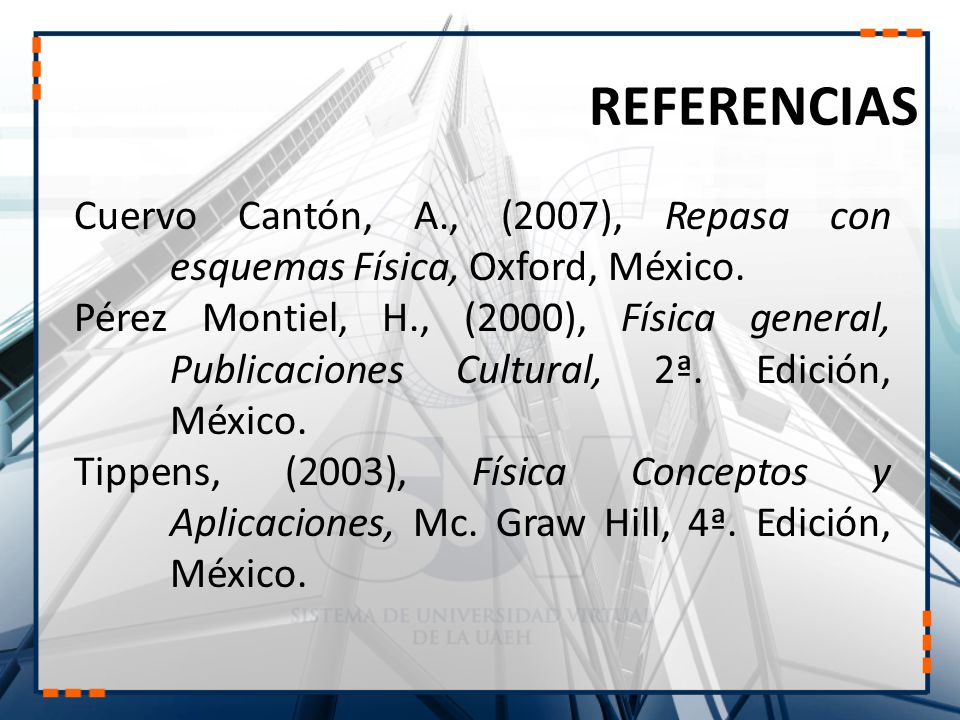 REFERENCIAS Cuervo Cantón, A., (2007), Repasa con esquemas Física, Oxford, México.