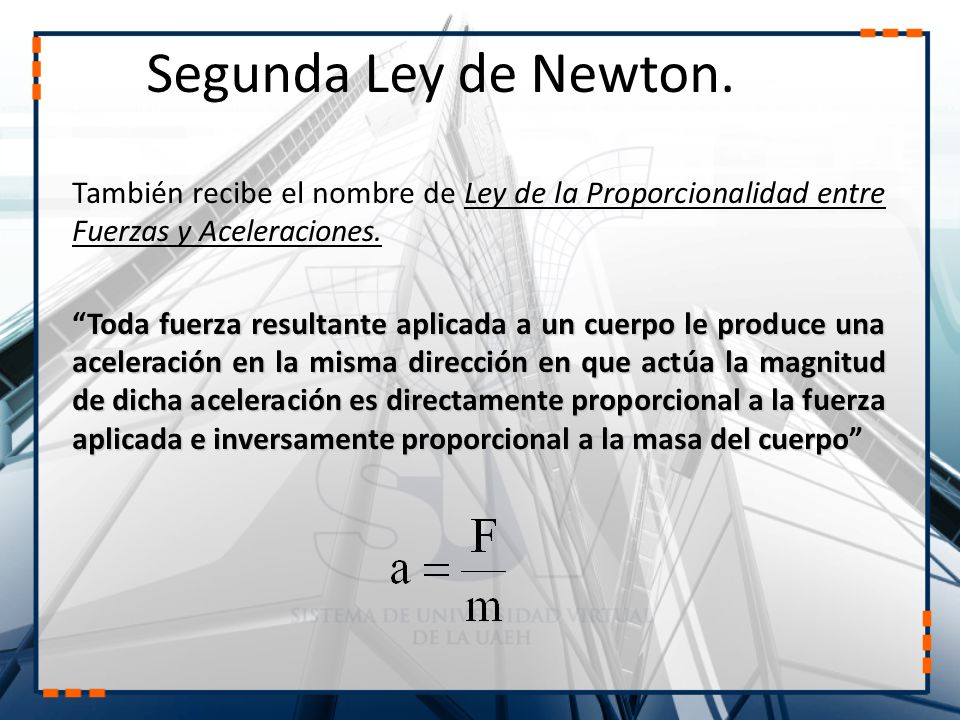 Segunda Ley de Newton. También recibe el nombre de Ley de la Proporcionalidad entre Fuerzas y Aceleraciones.