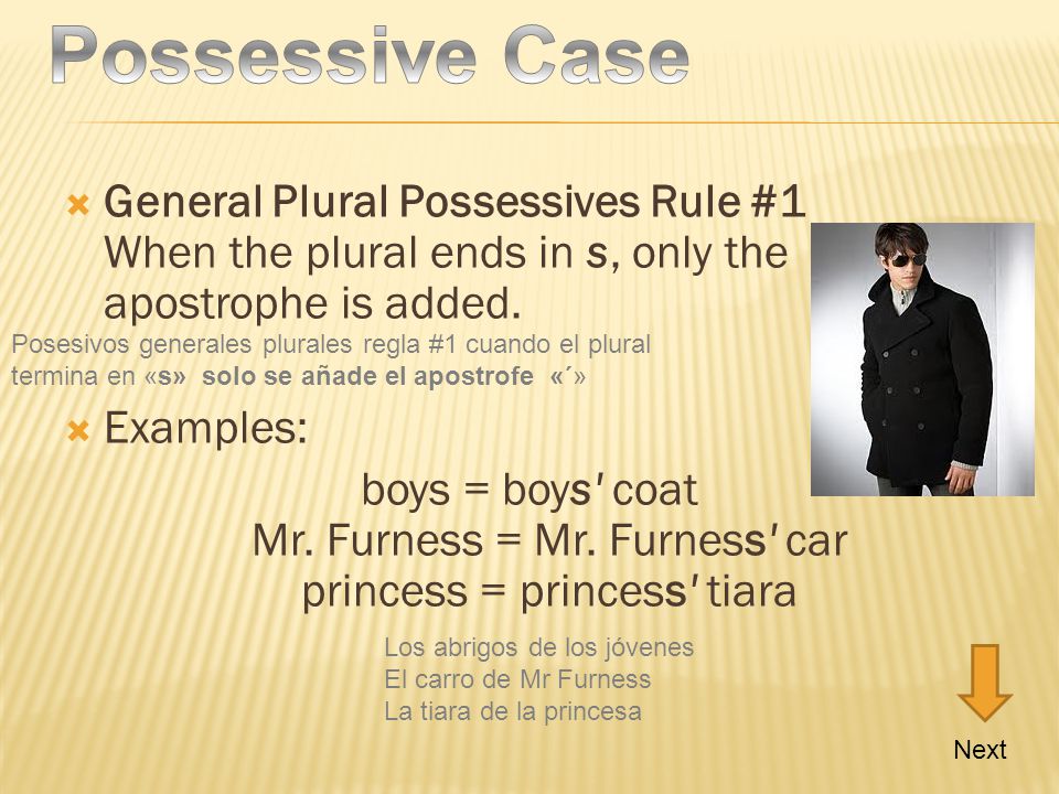 Possessive Case General Plural Possessives Rule #1 When the plural ends in s, only the apostrophe is added.