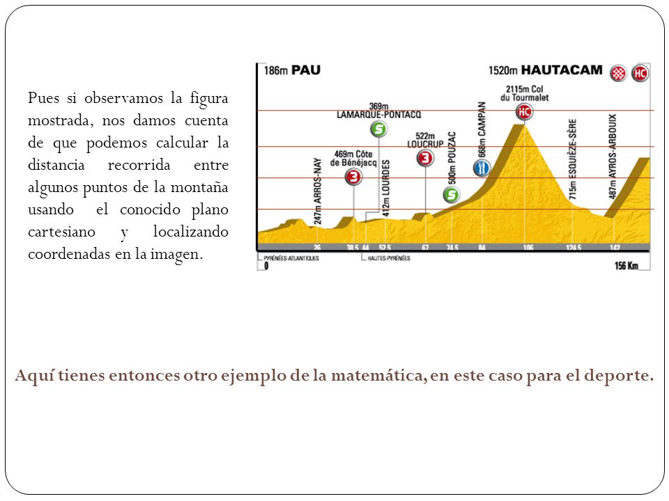 Pues si observamos la figura mostrada, nos damos cuenta de que podemos calcular la distancia recorrida entre algunos puntos de la montaña usando el conocido plano cartesiano y localizando coordenadas en la imagen.