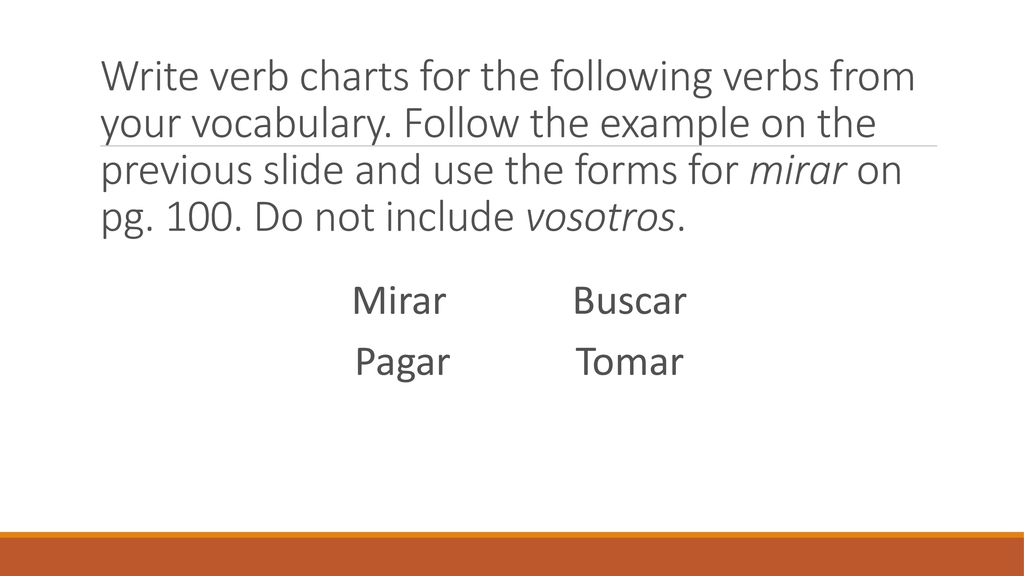 Write verb charts for the following verbs from your vocabulary