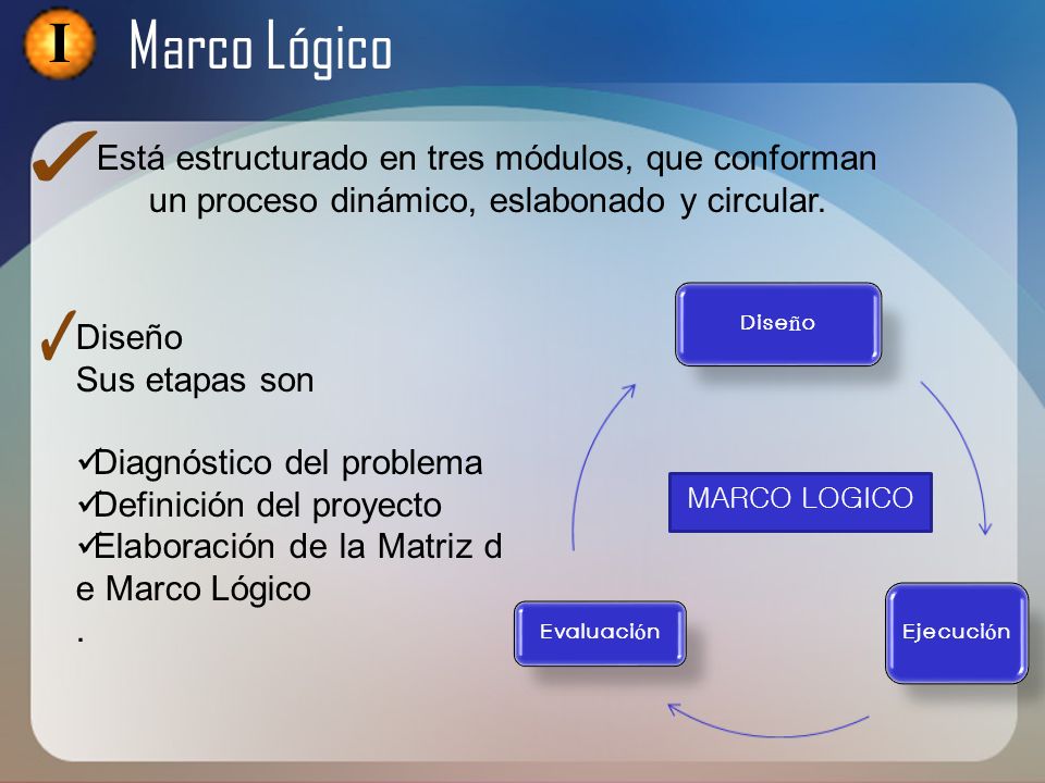 I Marco Lógico. Está estructurado en tres módulos, que conforman un proceso dinámico, eslabonado y circular.