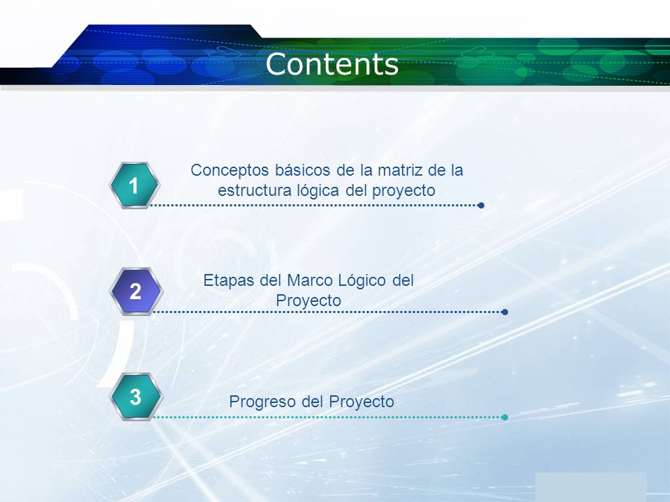 Contents. Conceptos básicos de la matriz de la estructura lógica del proyecto.