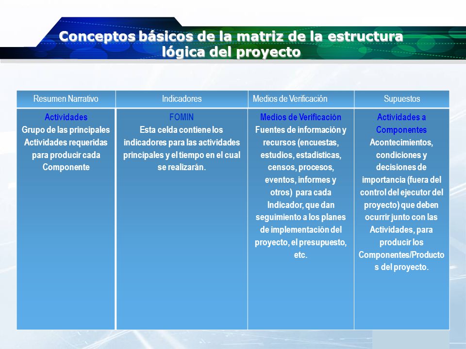 Conceptos básicos de la matriz de la estructura lógica del proyecto