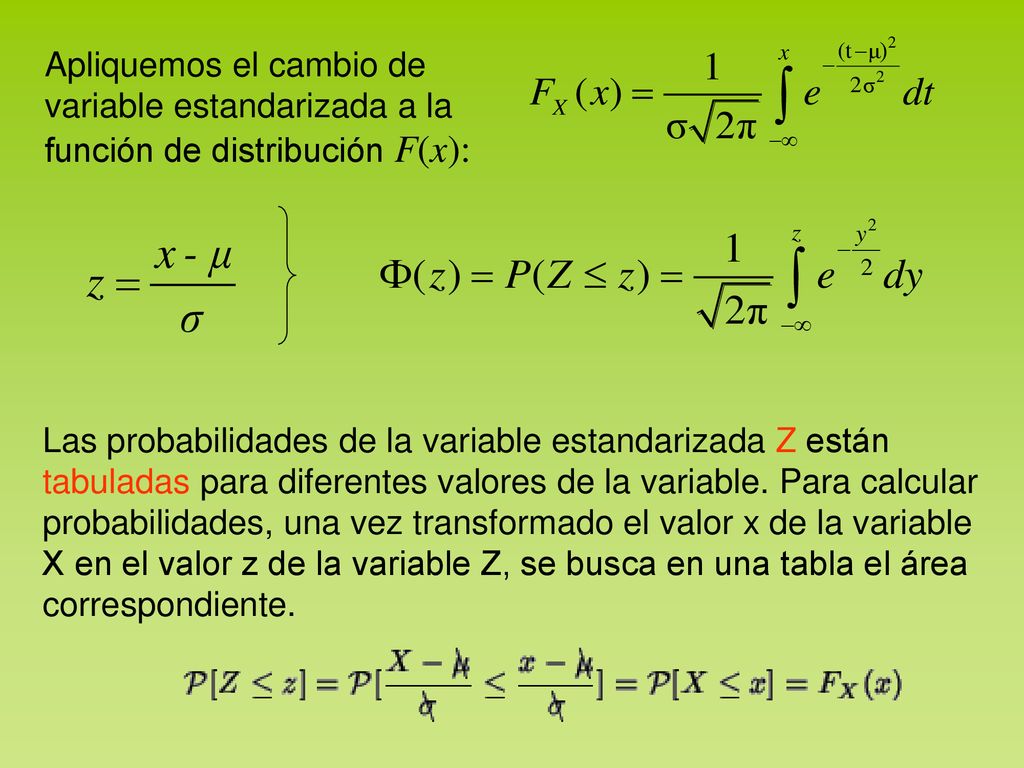 Apliquemos el cambio de variable estandarizada a la función de distribución F(x):