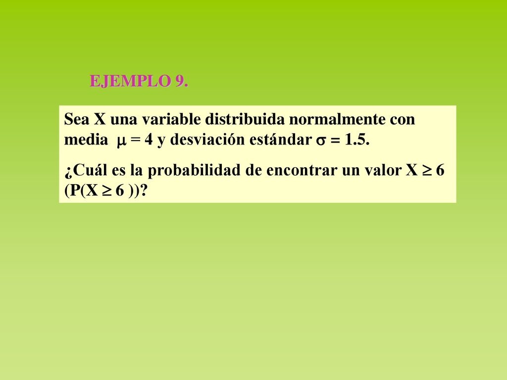 EJEMPLO 9. Sea X una variable distribuida normalmente con media  = 4 y desviación estándar  = 1.5.