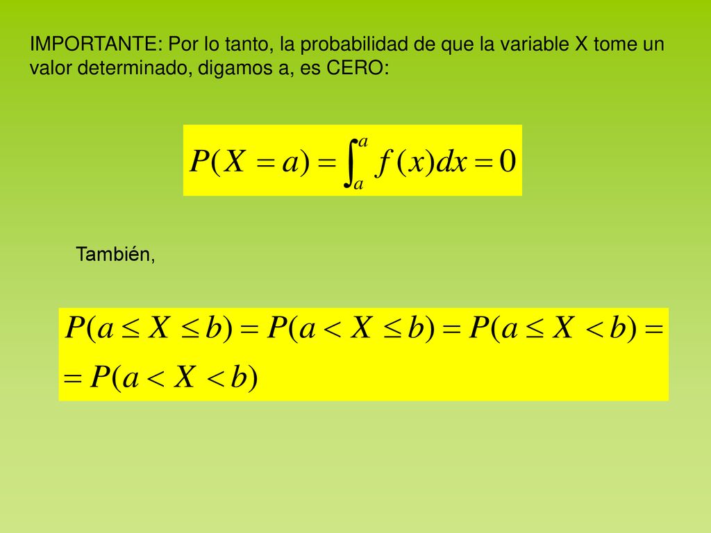 IMPORTANTE: Por lo tanto, la probabilidad de que la variable X tome un valor determinado, digamos a, es CERO: