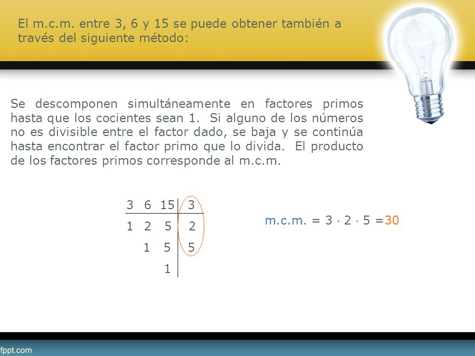 El m.c.m. entre 3, 6 y 15 se puede obtener también a través del siguiente método: