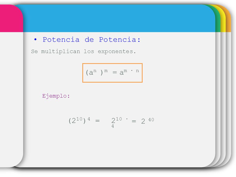 Potencia de Potencia: (an )m = am ∙ n (210)4 = 210 ∙ 4 = 2 40