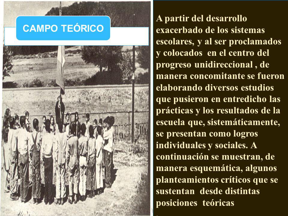 A partir del desarrollo exacerbado de los sistemas escolares, y al ser proclamados y colocados en el centro del progreso unidireccional , de manera concomitante se fueron elaborando diversos estudios que pusieron en entredicho las prácticas y los resultados de la escuela que, sistemáticamente, se presentan como logros individuales y sociales. A continuación se muestran, de manera esquemática, algunos planteamientos críticos que se sustentan desde distintas posiciones teóricas