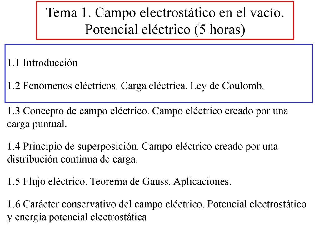 Tema 1. Campo electrostático en el vacío. Potencial eléctrico (5 horas)