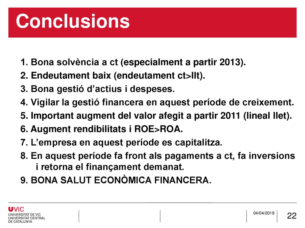 Conclusions 1. Bona solvència a ct (especialment a partir 2013).