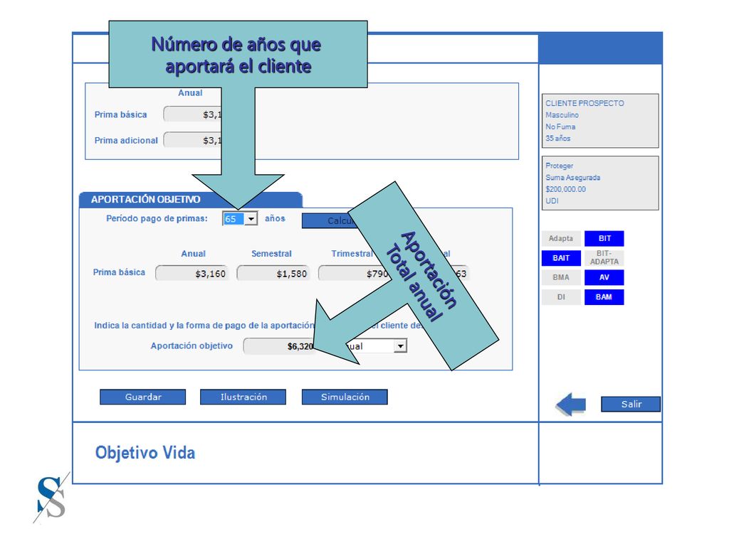 Número de años que aportará el cliente Aportación Total anual