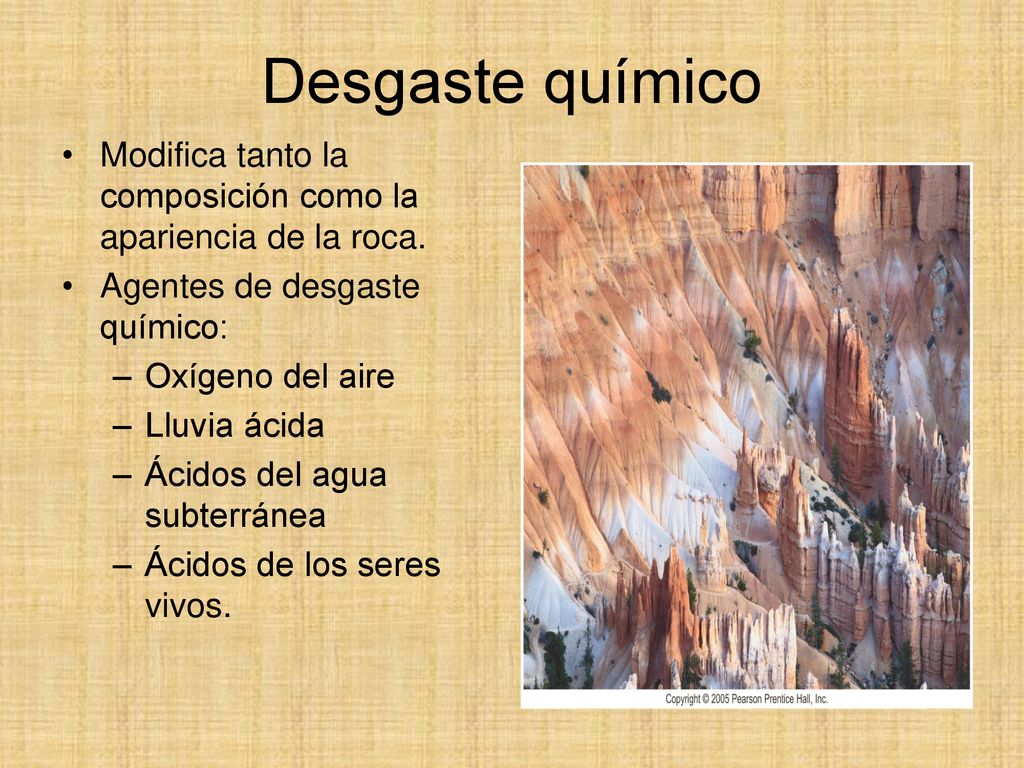 Desgaste químico Modifica tanto la composición como la apariencia de la roca. Agentes de desgaste químico: