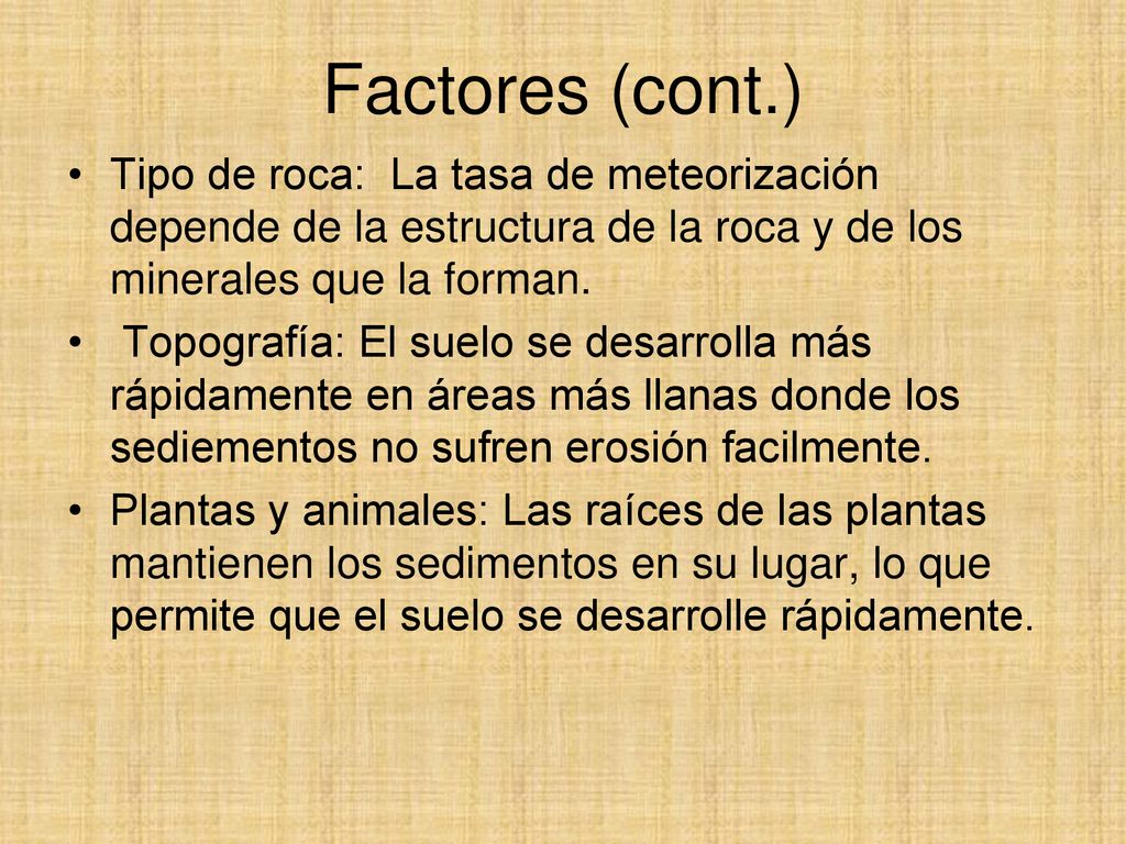 Factores (cont.) Tipo de roca: La tasa de meteorización depende de la estructura de la roca y de los minerales que la forman.