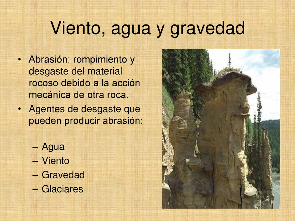 Viento, agua y gravedad Abrasión: rompimiento y desgaste del material rocoso debido a la acción mecánica de otra roca.