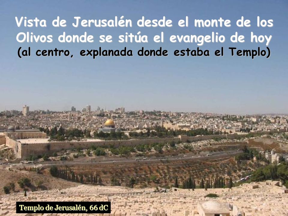 Vista de Jerusalén desde el monte de los Olivos donde se sitúa el evangelio de hoy (al centro, explanada donde estaba el Templo)
