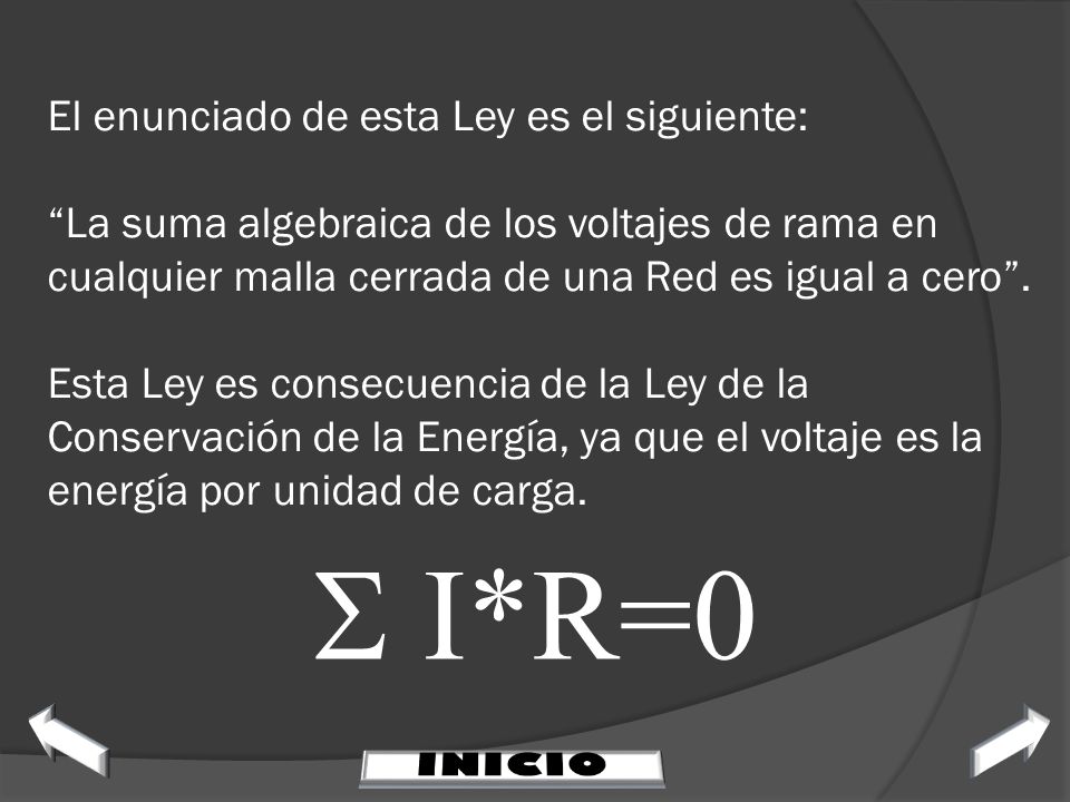El enunciado de esta Ley es el siguiente: La suma algebraica de los voltajes de rama en cualquier malla cerrada de una Red es igual a cero . Esta Ley es consecuencia de la Ley de la Conservación de la Energía, ya que el voltaje es la energía por unidad de carga.