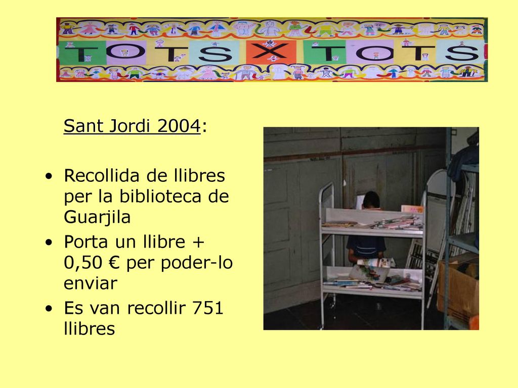 Sant Jordi 2004: Recollida de llibres per la biblioteca de Guarjila. Porta un llibre + 0,50 € per poder-lo enviar.