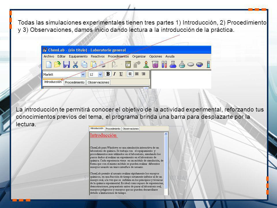 Todas las simulaciones experimentales tienen tres partes 1) Introducción, 2) Procedimiento