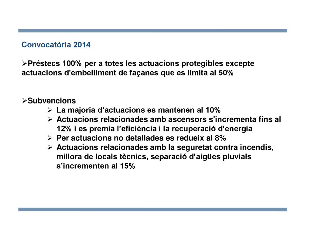 Convocatòria 2014 Préstecs 100% per a totes les actuacions protegibles excepte actuacions d embelliment de façanes que es limita al 50%