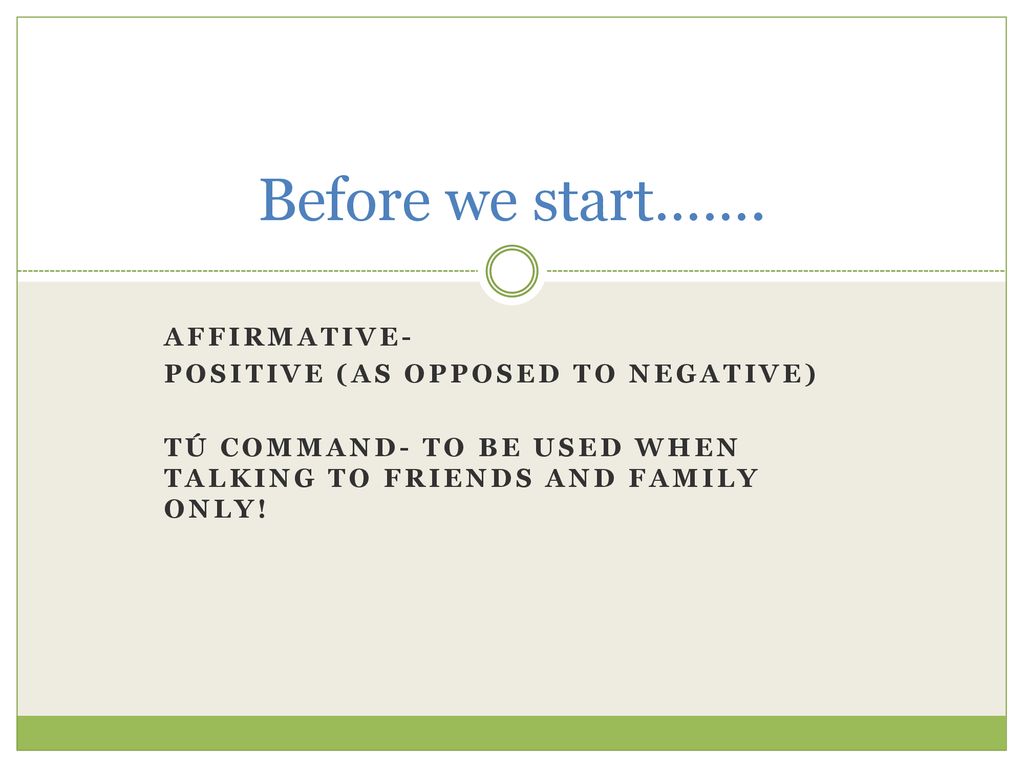 Before we start……. Affirmative- positive (as opposed to negative)