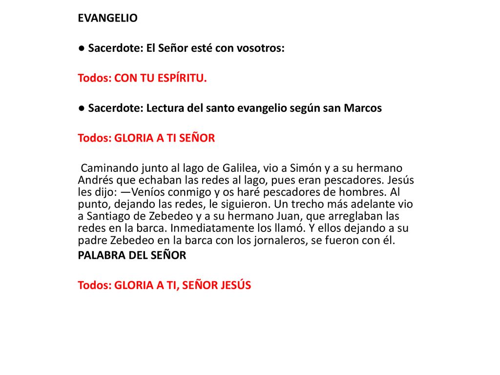 EVANGELIO ● Sacerdote: El Señor esté con vosotros: Todos: CON TU ESPÍRITU. ● Sacerdote: Lectura del santo evangelio según san Marcos.