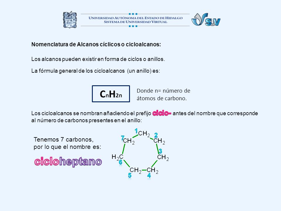 CnH2n cicloheptano Donde n= número de átomos de carbono. 1 2
