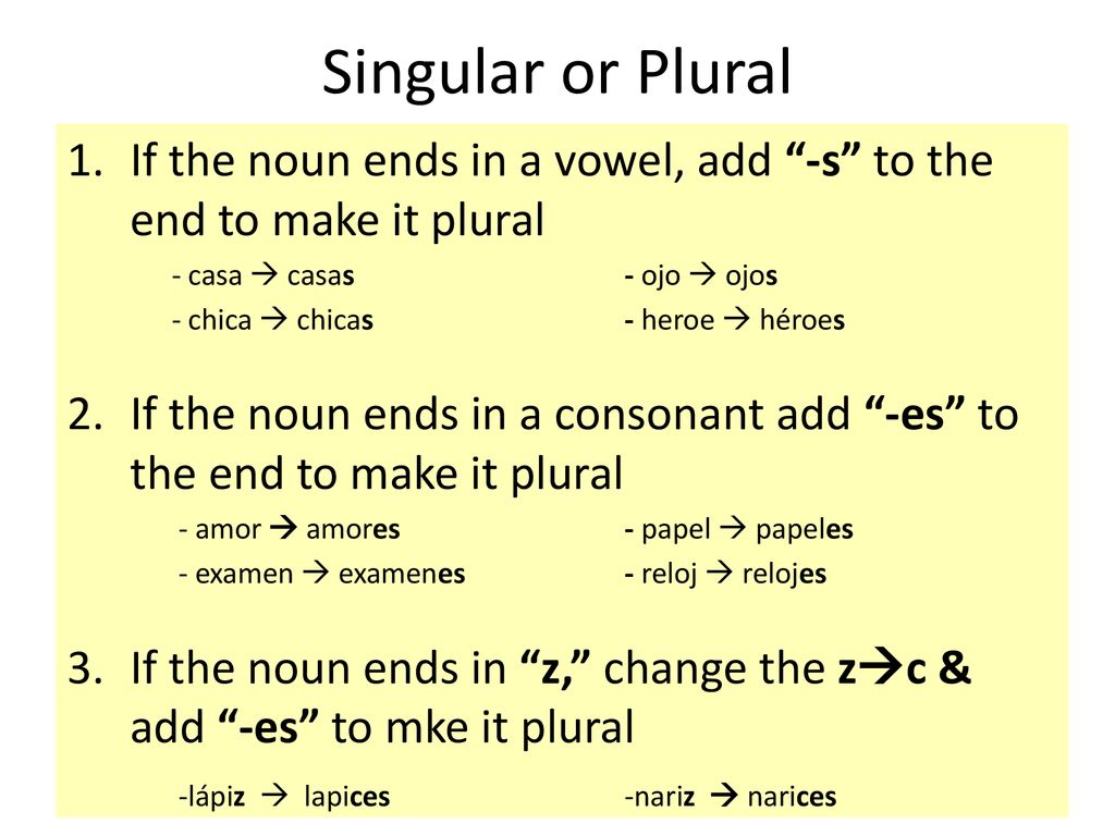 Singular or Plural If the noun ends in a vowel, add -s to the end to make it plural. - casa  casas - ojo  ojos.