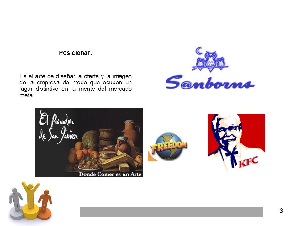 Posicionar : Es el arte de diseñar la oferta y la imagen de la empresa de modo que ocupen un lugar distintivo en la mente del mercado meta.
