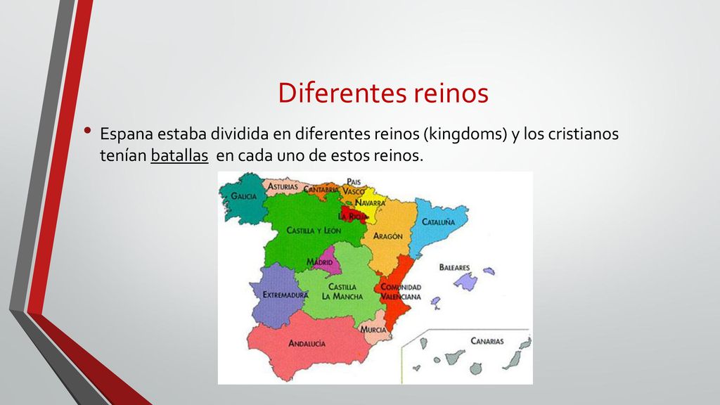 Diferentes reinos Espana estaba dividida en diferentes reinos (kingdoms) y los cristianos tenían batallas en cada uno de estos reinos.