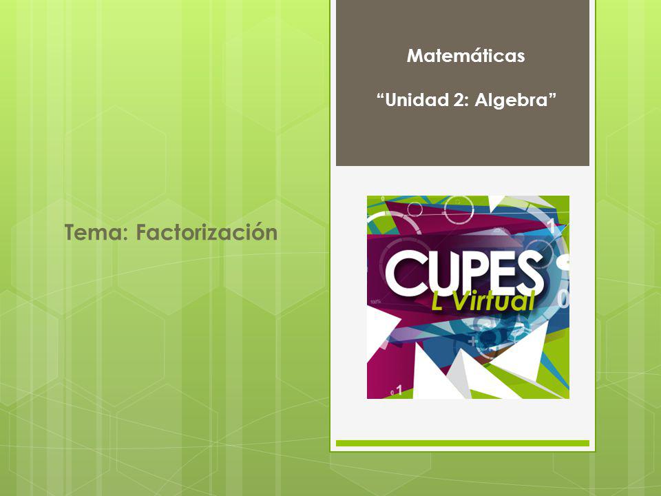 Matemáticas Unidad 2: Algebra Tema: Factorización
