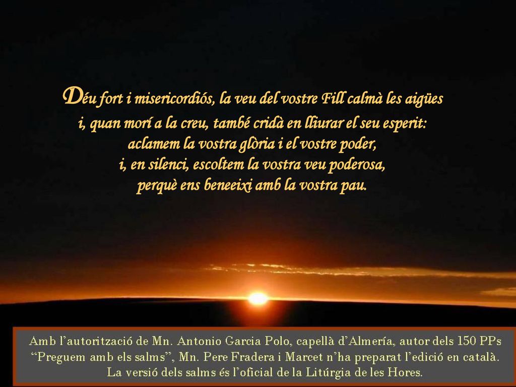 Déu fort i misericordiós, la veu del vostre Fill calmà les aigües i, quan morí a la creu, també cridà en lliurar el seu esperit: aclamem la vostra glòria i el vostre poder,