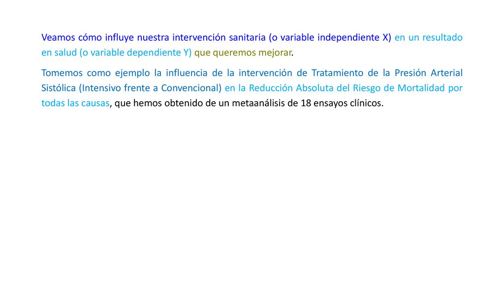 Veamos cómo influye nuestra intervención sanitaria (o variable independiente X) en un resultado en salud (o variable dependiente Y) que queremos mejorar.