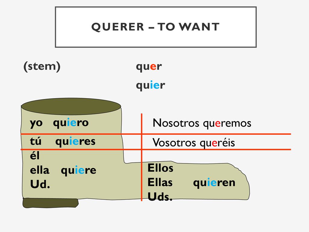 (stem) quer quier yo quiero tú quieres él ella quiere Ud.