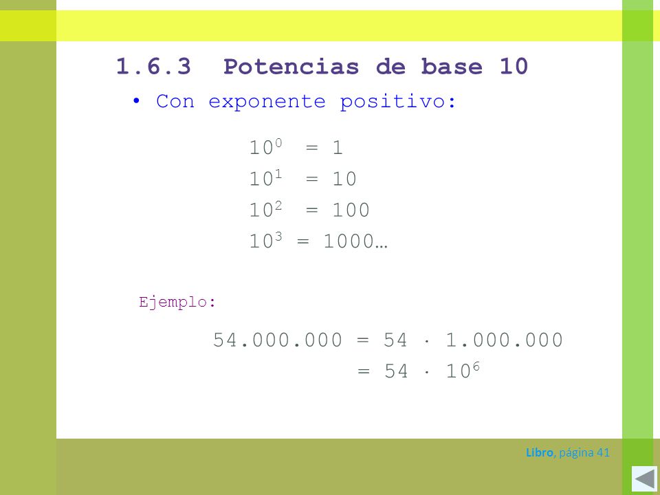 1.6.3 Potencias de base 10 Con exponente positivo: 100 = = 10