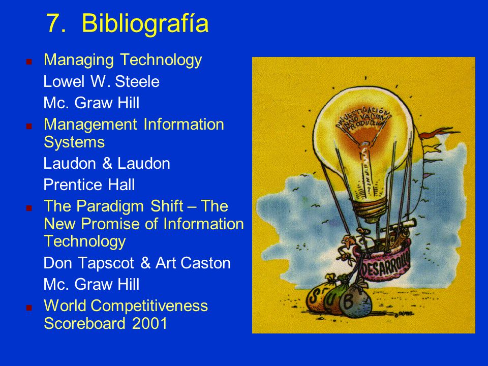7. Bibliografía Managing Technology Lowel W. Steele Mc. Graw Hill