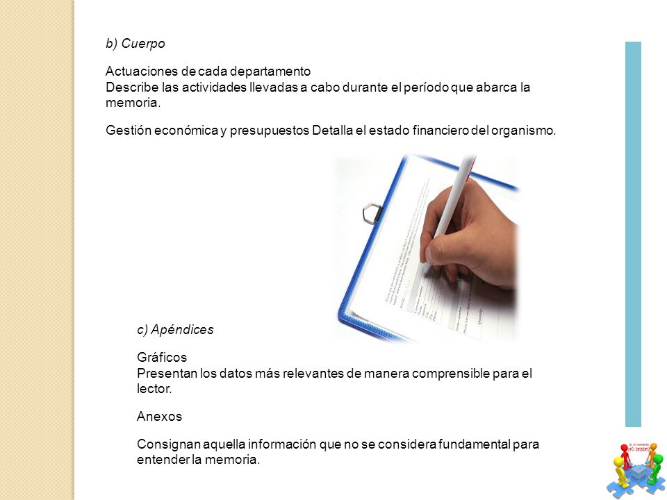 b) Cuerpo Actuaciones de cada departamento. Describe las actividades llevadas a cabo durante el período que abarca la memoria.