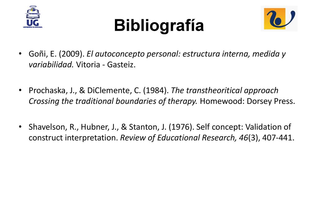 Bibliografía Goñi, E. (2009). El autoconcepto personal: estructura interna, medida y variabilidad. Vitoria - Gasteiz.