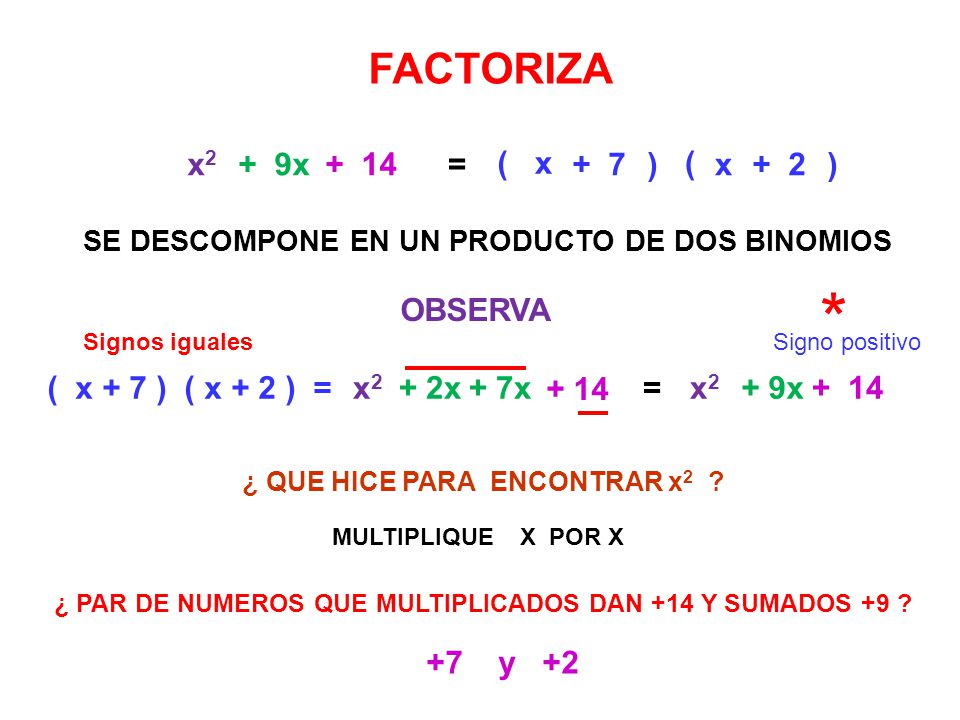 * FACTORIZA x2 + 9x + 14 = ( x + 7 ) ( x + 2 ) OBSERVA