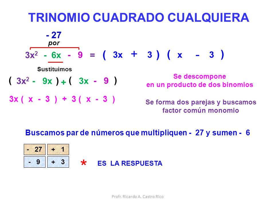 * + TRINOMIO CUADRADO CUALQUIERA ( ) ( ) - 27 ( ) ( ) 3x2 - 6x