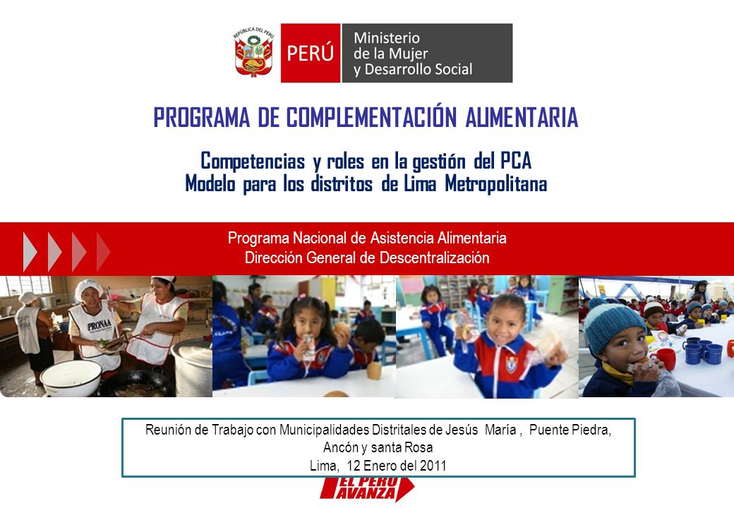 PROGRAMA DE COMPLEMENTACIÓN ALIMENTARIA Competencias y roles en la gestión del PCA Modelo para los distritos de Lima Metropolitana