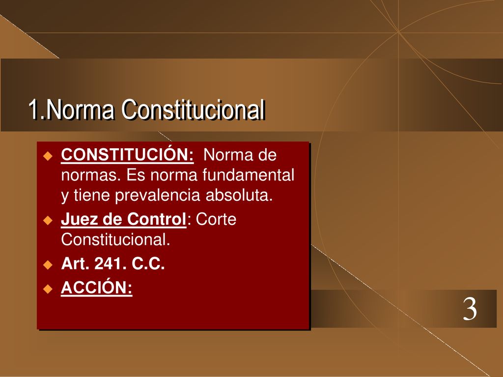 1.Norma Constitucional CONSTITUCIÓN: Norma de normas. Es norma fundamental y tiene prevalencia absoluta.