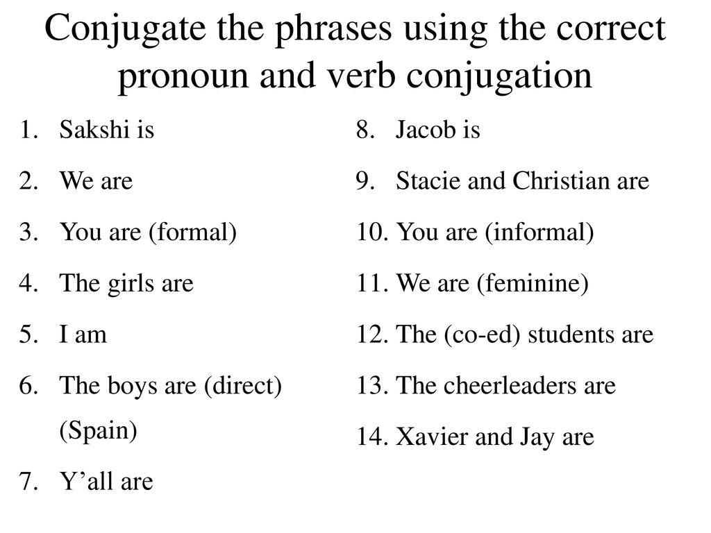 Conjugate the phrases using the correct pronoun and verb conjugation