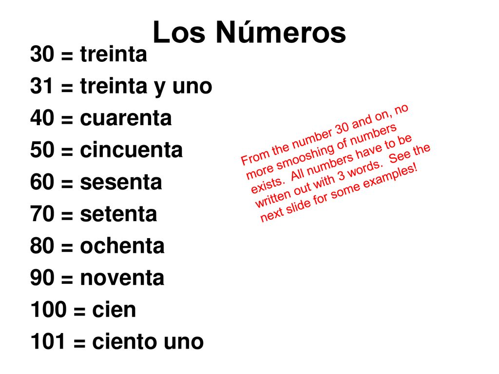 Los Números 30 = treinta 31 = treinta y uno 40 = cuarenta