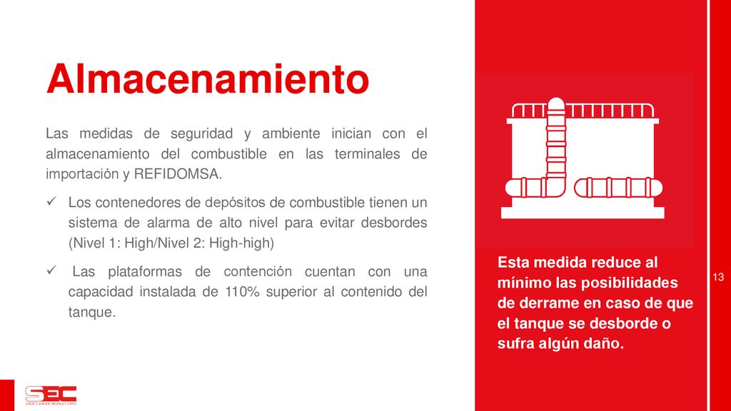 Almacenamiento Las medidas de seguridad y ambiente inician con el almacenamiento del combustible en las terminales de importación y REFIDOMSA.