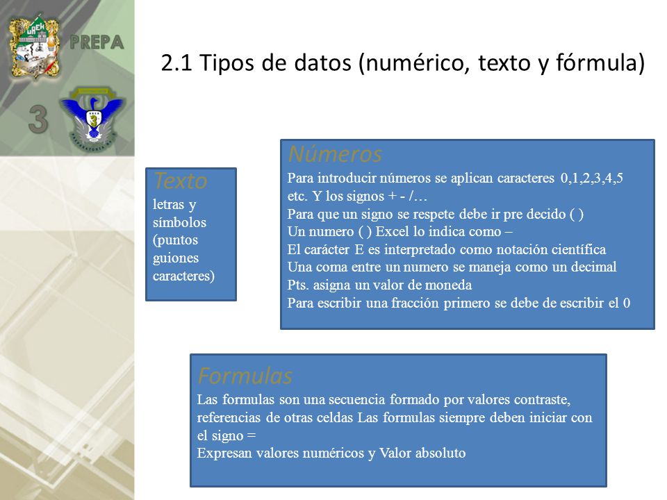 2.1 Tipos de datos (numérico, texto y fórmula)