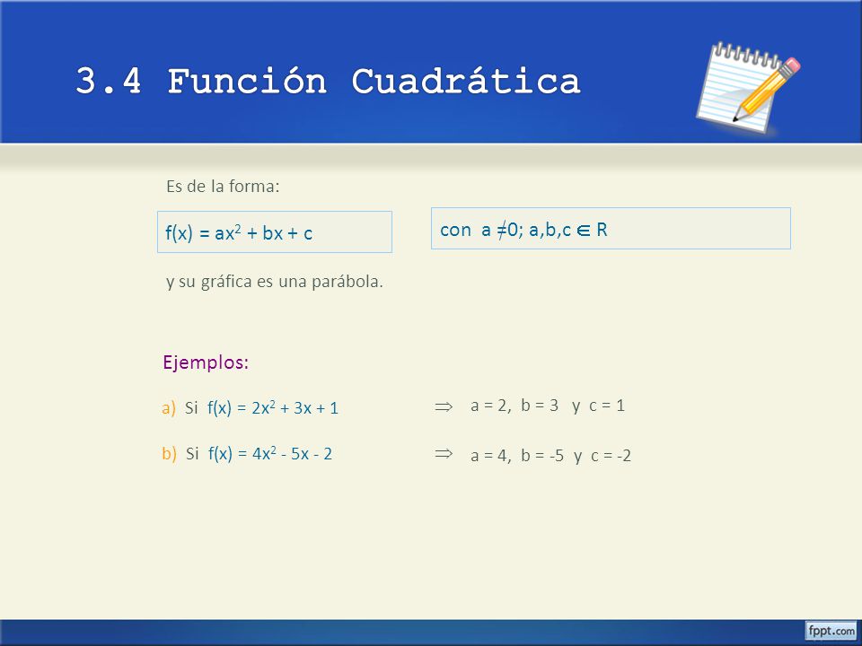 3.4 Función Cuadrática con a =0; a,b,c  R f(x) = ax2 + bx + c