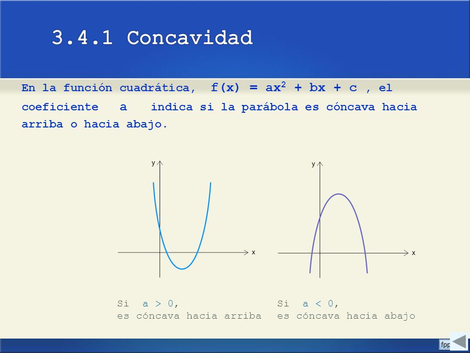 3.4.1 Concavidad En la función cuadrática, f(x) = ax2 + bx + c , el coeficiente a indica si la parábola es cóncava hacia arriba o hacia abajo.
